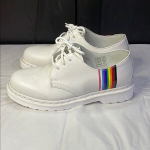 Dr. Martens Air Wair White Lace-Up Leather Platform Shoes with Rainbow Stripe